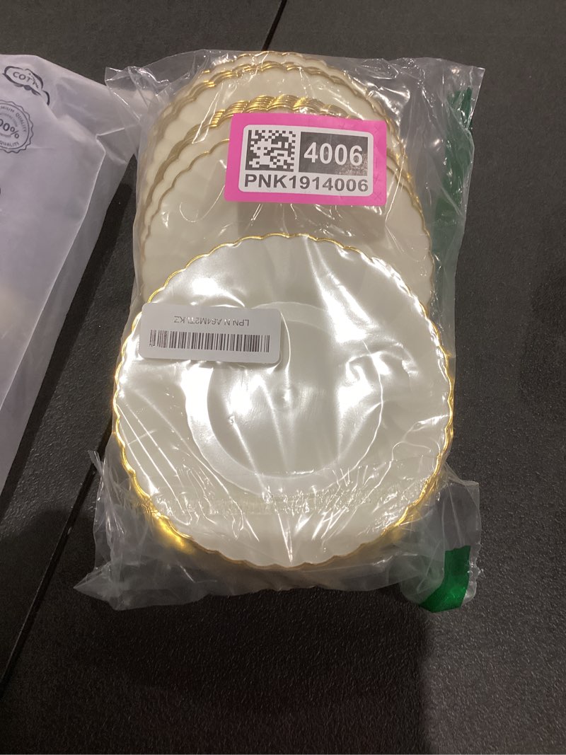 Condition photo showing New/Like New for Coloch 50 Pack Gold Plastic Plates, 6 Inch White with Gold Rim Round Disposable Appetizer Dessert Plates for Wedding, Buffet, Party, Catering