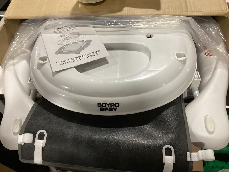 Condition photo showing As Is for baby walker, 5-in-1 baby walkers for boys and girls 6-12 months with bouncer, removable footrest, feeding tray & music, foldable & adjustable activity walker for 6-18 months toddler infant h-light gray