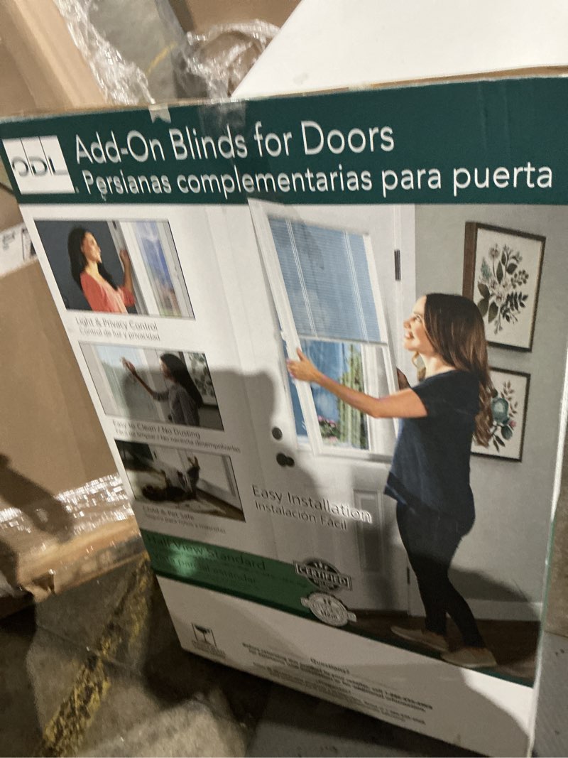 Condition photo showing As Is for white cordless 22" x 36" aluminum-blinds add-on raised-frame patio-door & window