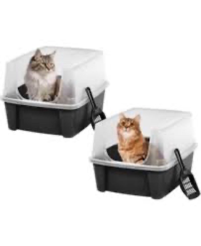 IRIS USA 2 Pack Large Open Top Cat Litter Box with High Sides, Scatter Shield & Scoop, Black, for In