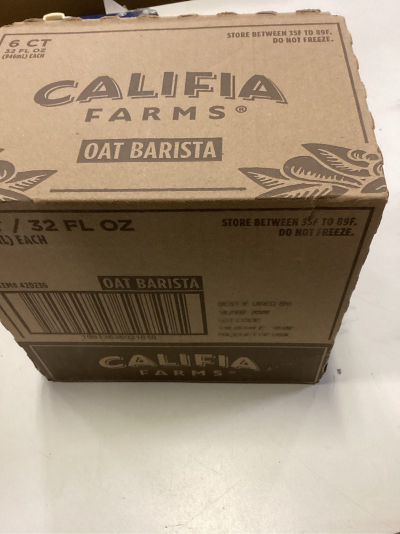Condition photo showing New/Like New for Califia Farms - Oat Barista Blend Oat Milk, 32 Oz (Pack of 6), Shelf Stable, Dairy Free, Plant Based, Vegan, Gluten Free, Non GMO, High Calcium, Milk Frother, Creamer, Oatmilk Oat Barista Original 32 Ounce (Pack of 6) best by feb 18,26