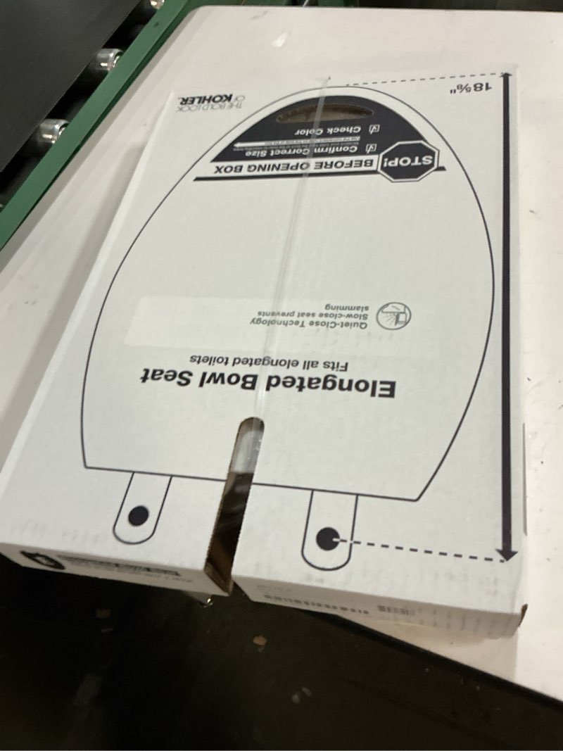 Condition photo showing New/Like New for kohler k-20110-0 brevia elongated toilet seat with grip-tight bumpers, quiet-close seat, quick-attach hardware, white