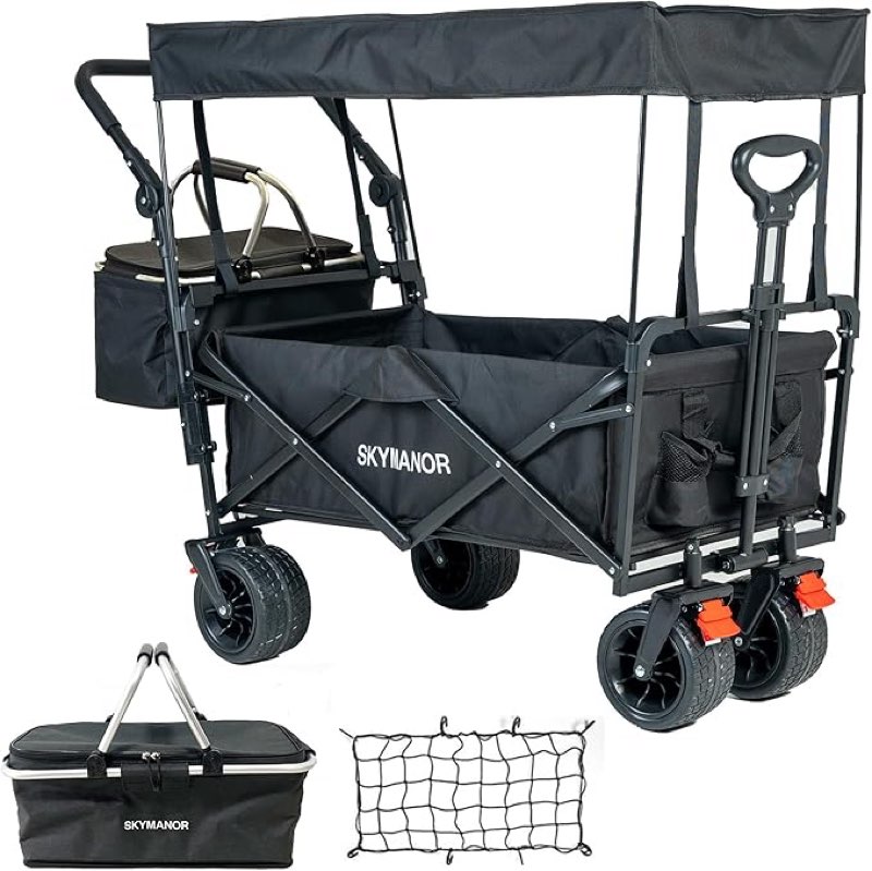 skymanor collapsible wagon folding garden cart with removable canopy utility wagon cart with all-terrain wheels brake beach cart for sand heavy duty beach wagon for camping shopping (black)