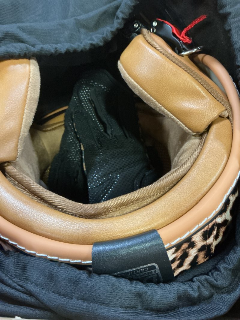 Condition photo showing As Is for vintage glossy pu leather 3/4 motorcycle helmet, dot certified open face helmets with dual visor,half face moped helmet for cruiser scooter style a-long lens small