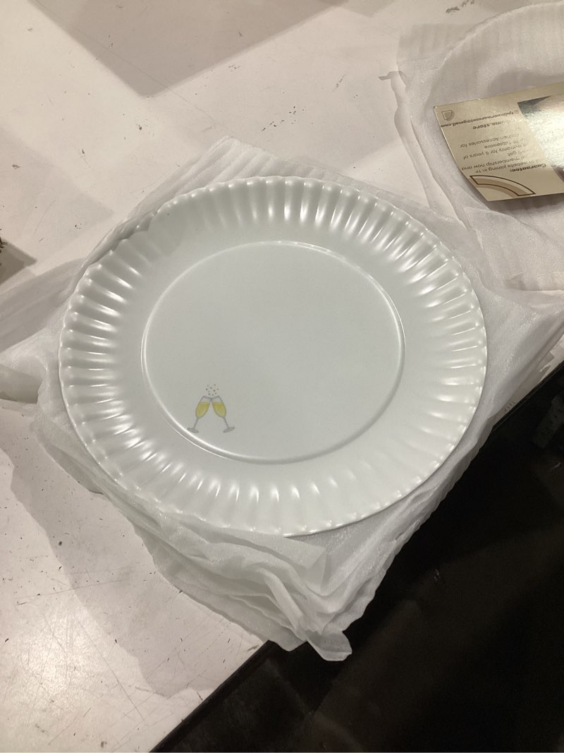 Condition photo showing New/Like New for tp upgraded sturdy 10.5" reusable melamine paper plates, lightweight round plates for gathering party picnic outdoors, set of 8, party themed, white white-party 10.5inch 8
