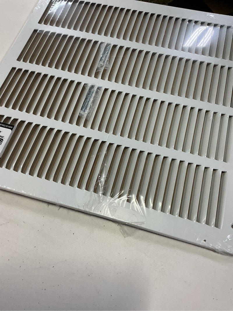 Condition photo showing New/Like New for 16"w x 16"h steel return air grilles - sidewall and cieling - hvac duct cover - white [outer dimensions: 17.75"w x 17.75"h]