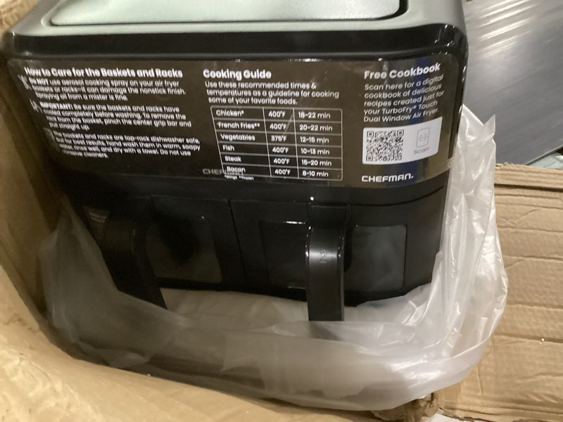 Condition photo showing Good Condition for chefman 6 quart dual basket air fryer oven with easy view windows, sync finish, hi-fry, auto shutoff, 2 independent 3qt nonstick dishwasher safe frying baskets, digital double air fryer - black 6 quart - window