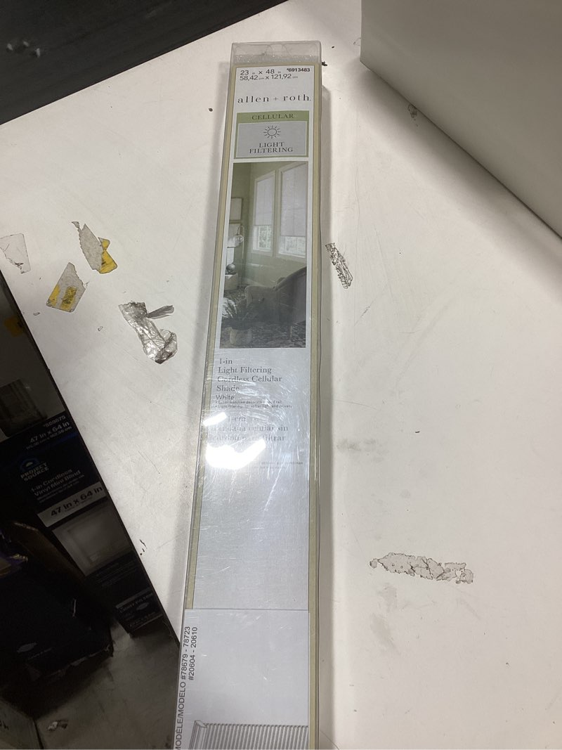 Condition photo showing As Is for allen + roth 23-in x 48-in white light filtering cordless cellular shade