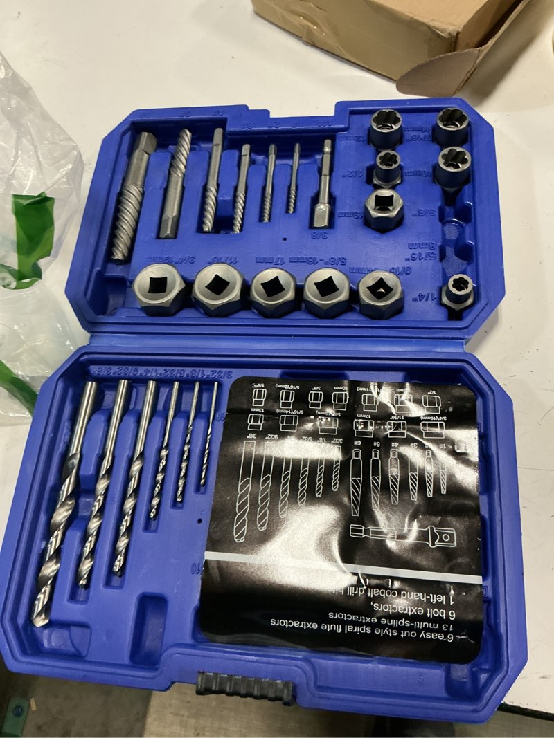 Condition photo showing Good Condition for 26 piece damaged screw & bolt extractor set,stripped broken bolt remover kit with left-hand cobalt drill bits, easy-out screw extractor, for removing rusted, seized, broken nuts and bolts
