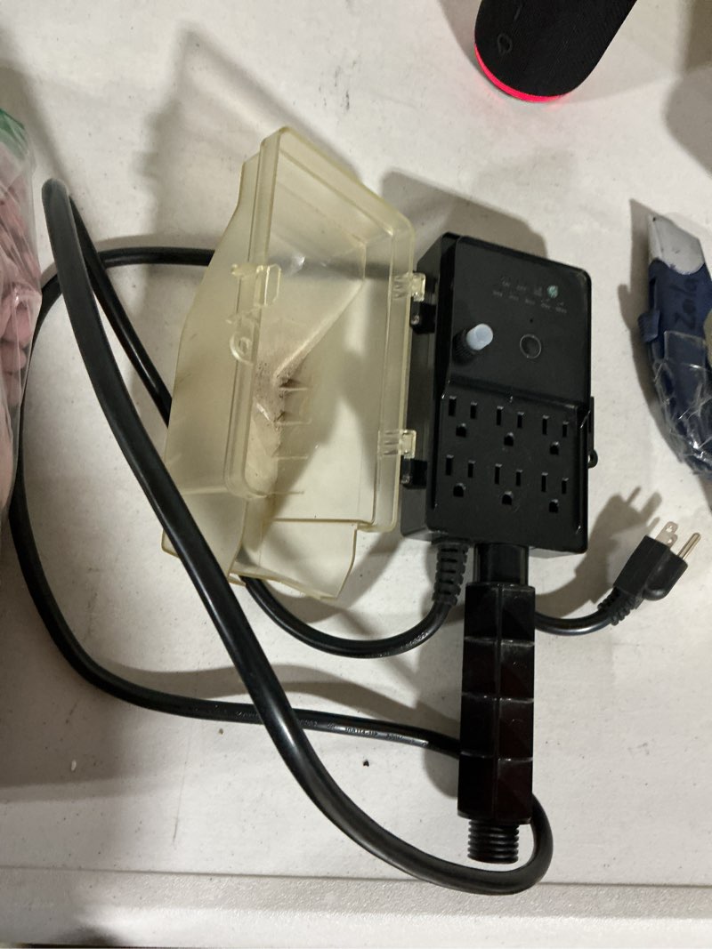 Condition photo showing As Is for suraielec outdoor power stake light timer, dusk to dawn, 6 electrical outlet power strip weatherproof, 6ft extension cord multiple outlet for patio lights, sprinkler, garden, christmas decorations