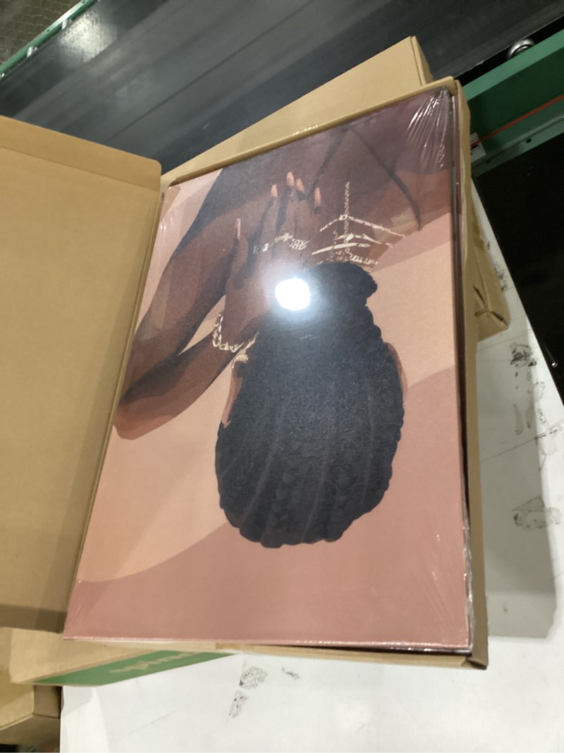Condition photo showing New/Like New for Black Girl Wall Art, African American Woman Canvas Artwork, Large Abstract black Girl Poster Prints, Gold Jewelry Fashion Black Woman Wall Decor for Bedroom Living Room Framed 12"x16"x3" Brown 16"L x 12"W
