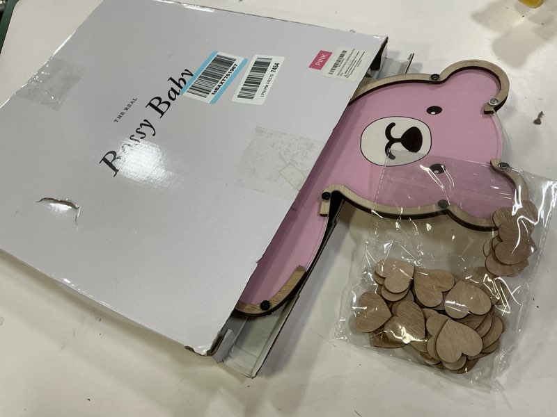 Condition photo showing Good Condition for baby shower & gender reveal guest book alternatives - teddy bear - we can bearly wait theme - includes wooden heart tokens - display box & stand - nursery ultrasound photo frame teddy bear pink