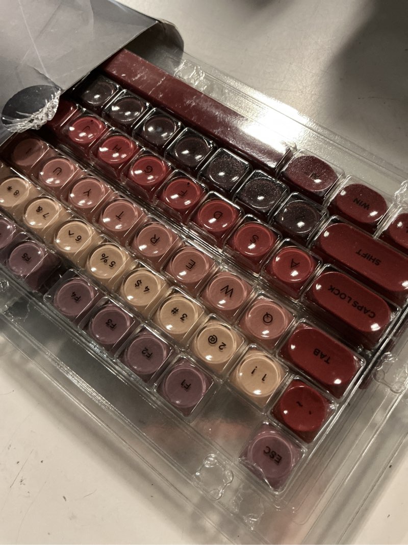 Condition photo showing Good Condition for pbt keycaps, glossy red lipstick jelly keycaps moa profile, 128 keys elegant cute custom key caps for 61/68/84/87/98/100 cherry gateron mx mechanical keyboards, no tear & never fades glossy red-(only keycaps)