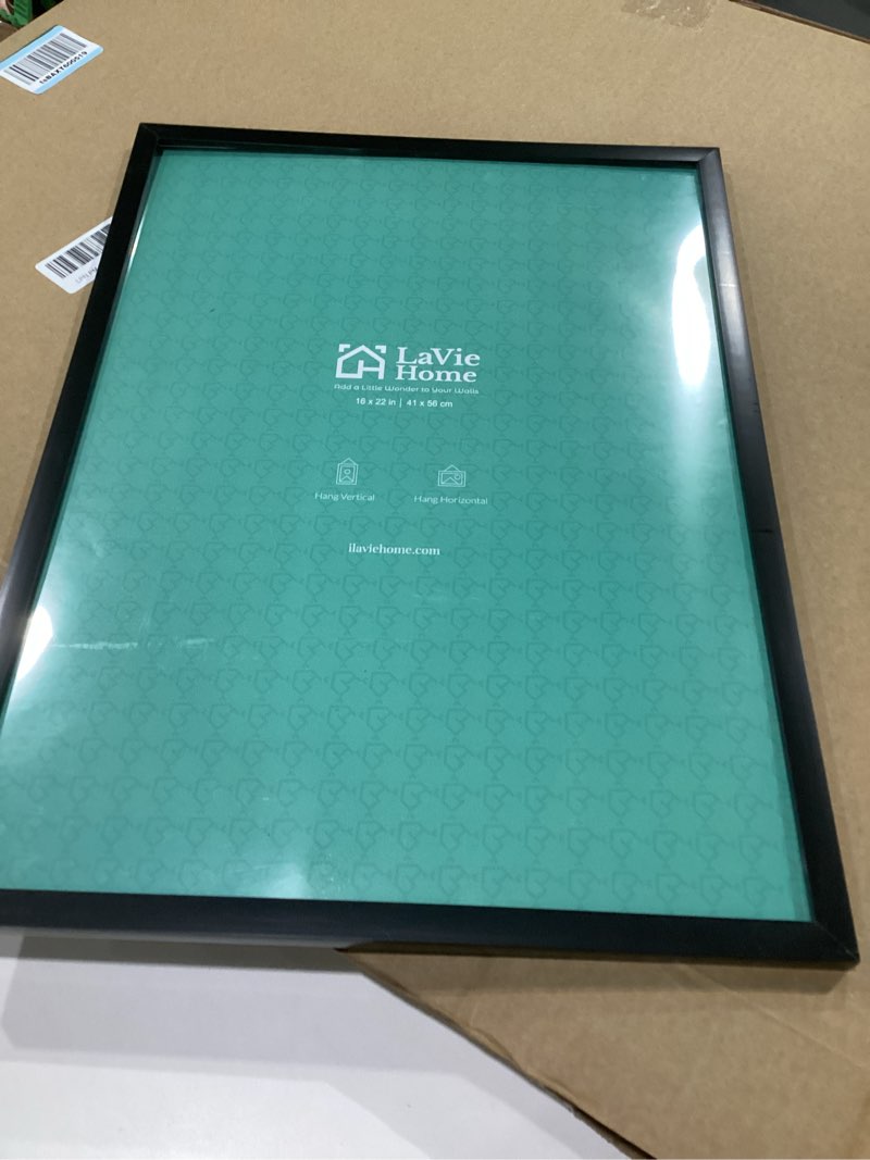 Condition photo showing As Is for lavie home 16 x 22 picture frame black poster frame,display pictures with mat or stable and sturdy frame and polished plexiglass, horizontal and vertical format of the walls 16x22 black