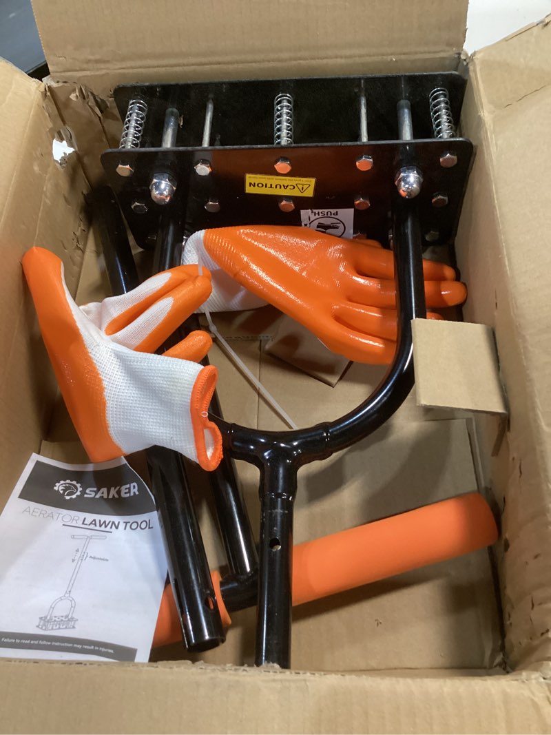 Condition photo showing Good Condition for saker manual lawn aerator tool, with 15 iron spikes adjustable height, double-layer spring, heavy-duty iron lawn aerator tool with gloves for loosening soil aerating patio, yard, garden orange