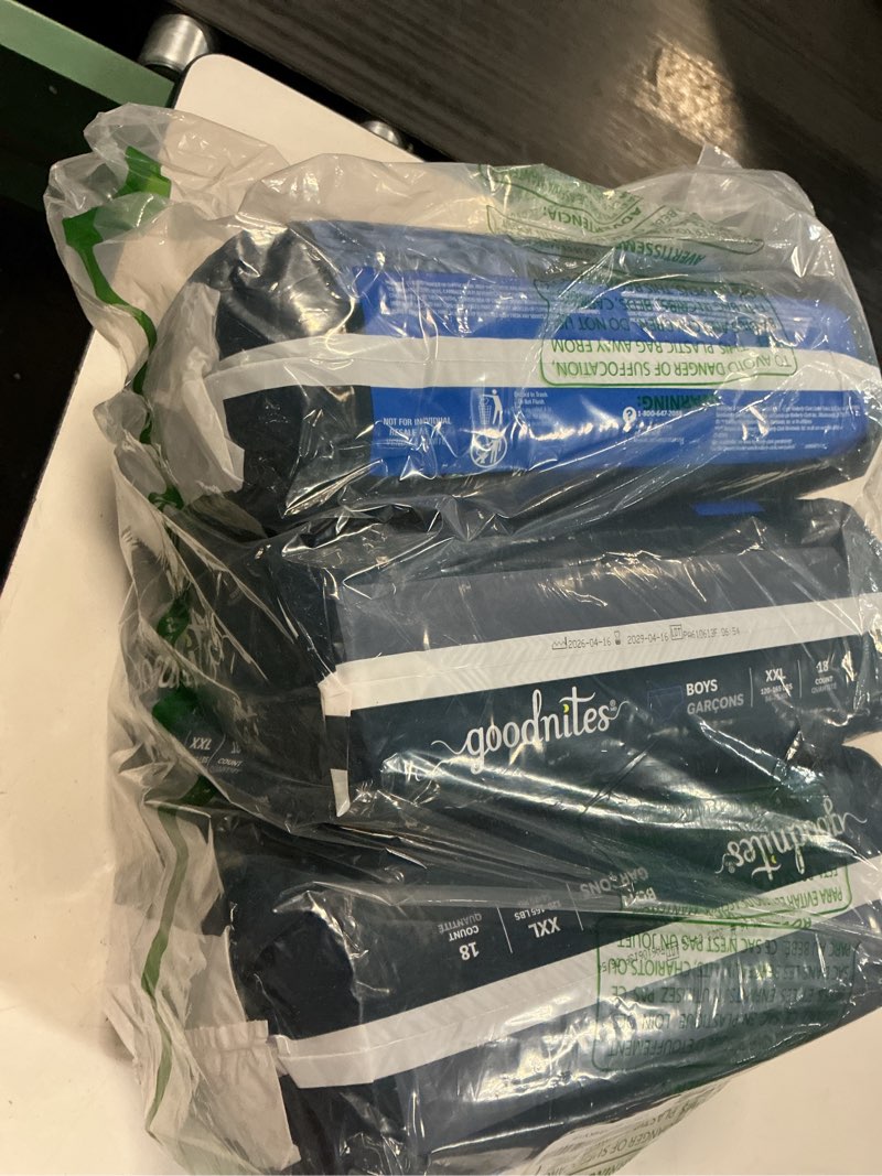 Condition photo showing New/Like New for goodnites boys' nighttime underwear, size xxl (120-165 lbs), 54 ct, packaging may vary xx-large 54