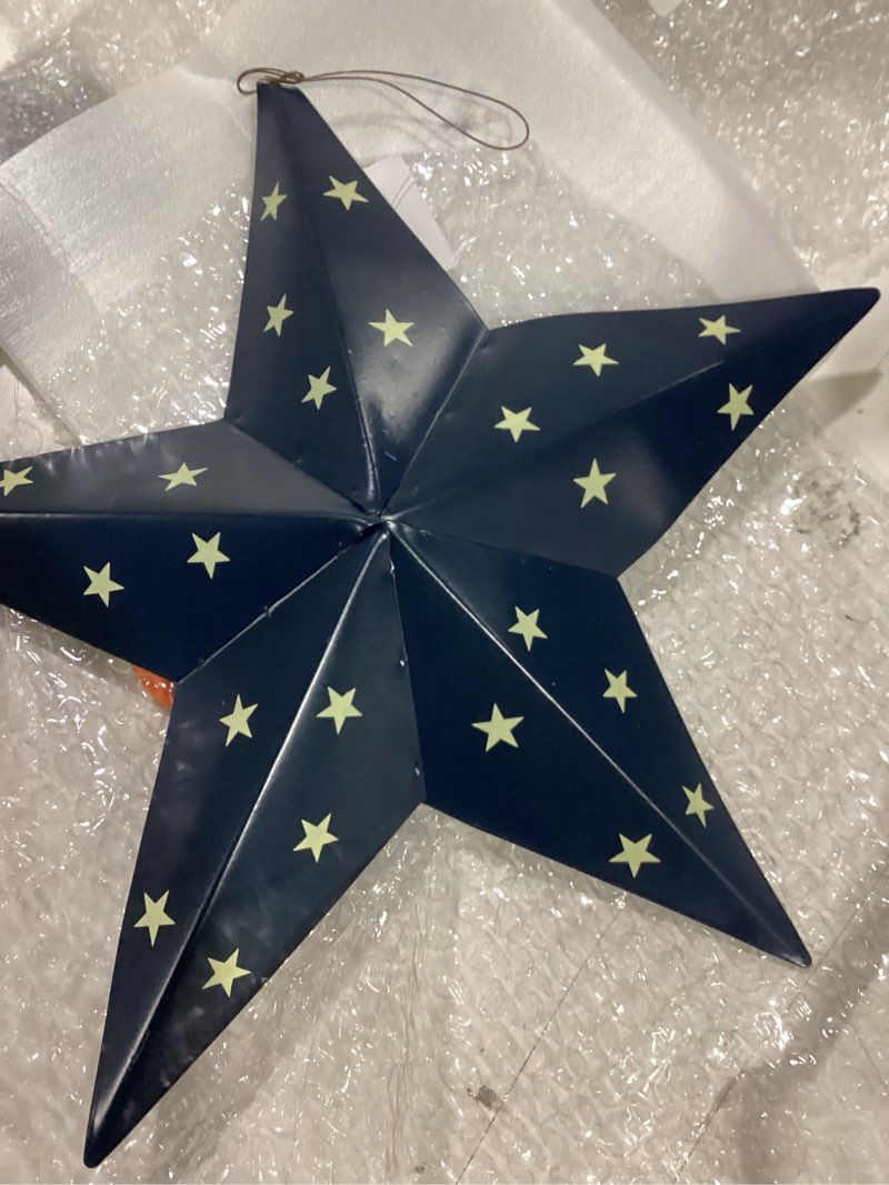 Condition photo showing As Is for linfevisi metal barn star wall decor outdoor patriotic american flag stars wall art 12 inch 3d hanging stars for outside 4th of july decoration house memorial day independence day country blue blue 12''