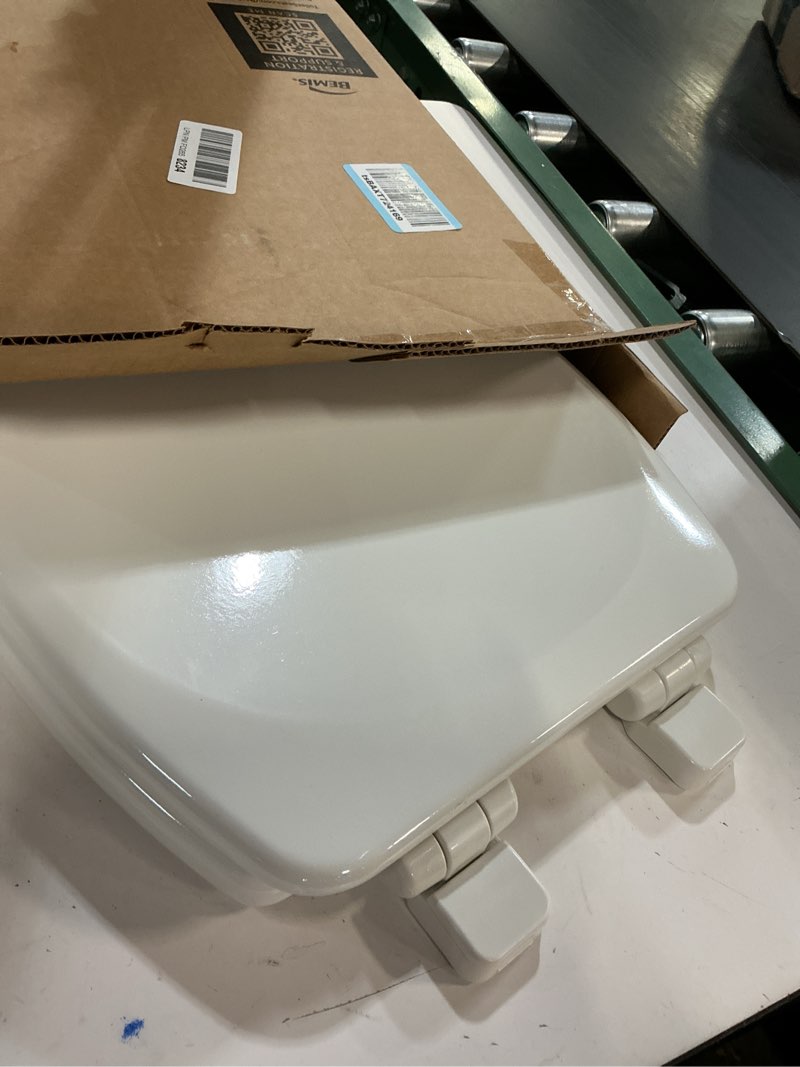 Condition photo showing As Is for Mayfair Linden Slow Close Toilet Seat, Non Slip Heavy Duty Wood, Easy Install, Elongated, White Elongated Traditional Hinge