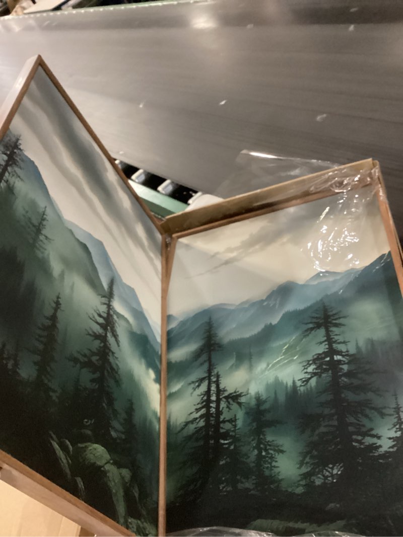 Condition photo showing Good Condition for Celestdeco Green Foggy Mountain Framed Canvas Wall Art Set, Misty Forest Wall Decor, Watercolor Pine Tree Wall Painting, Large Nature Landscape Art Print for Living Room, Bedroom, Office - 16"X24"X3 Green Ridge Wall Art 16L"x24W"