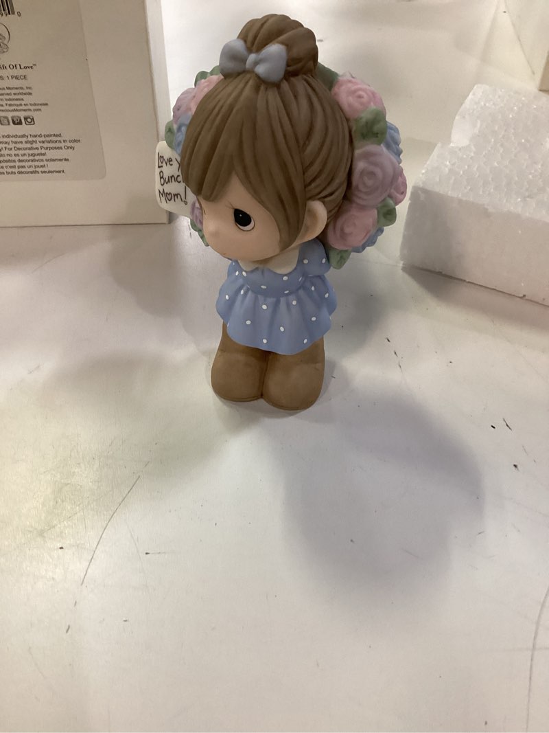 Condition photo showing Good Condition for Precious Moments 'Love You Bunches, Mom' Mother's Day Figurine - Hand-Painted, Bisque Porcelain Collectible for Mothers, One Size, Multicolor Girl w/ Rose Bouquet Figurine