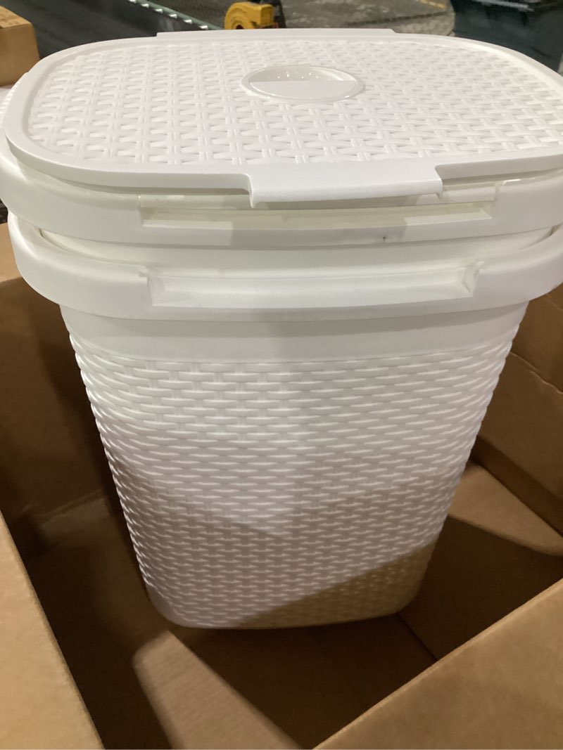 Condition photo showing Good Condition for mind reader slim laundry hamper with lid, 40l clothes basket, narrow tapered design with ventilated cutout pattern, plastic, set of 2, white white set of 2