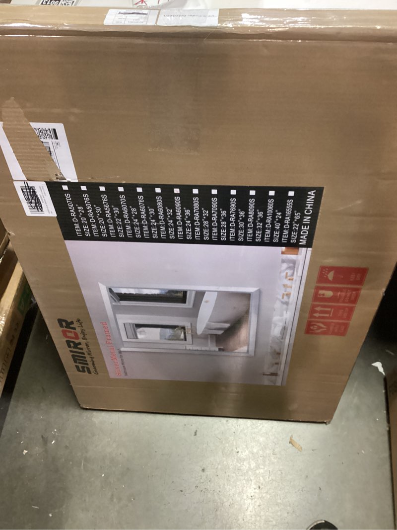 Condition photo showing New/Like New for smiror brushed silver bathroom mirror for over sink, 24”x 36” metal thick framed rectangle vanity mirror for wall, right angle corner, anti-rust, horizontally or vertically mounted silver 36"l x 24"w