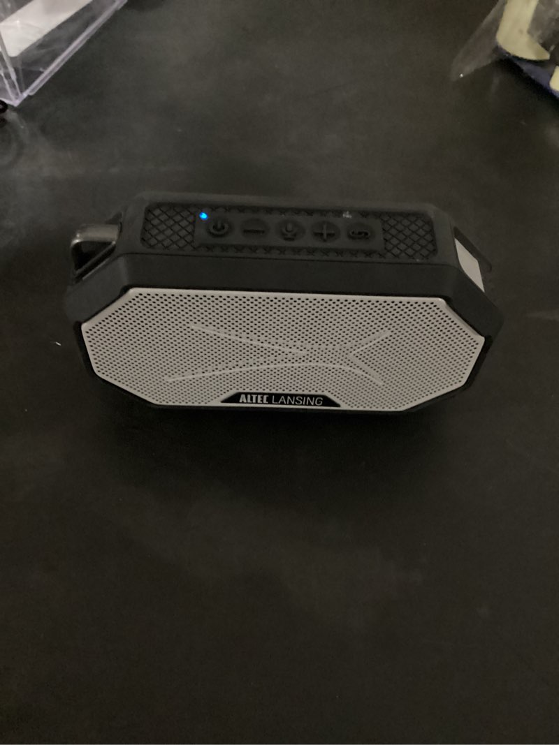 Condition photo showing New/Like New for working verified altec lansing hydramini 2.0 everythingproof magnetic wireless portable bluetooth speaker, black grey, imw1002