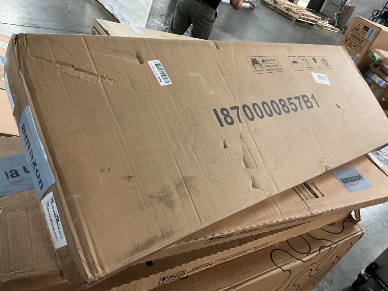 Condition photo showing As Is for Feonase Full Size Metal Bed Frame, Heavy-Duty Platform Bed Frame with Linen Upholstered Headboard, 12" Storage Space, Steel Slats Support, No Box Spring Needed, Gray Grey Full