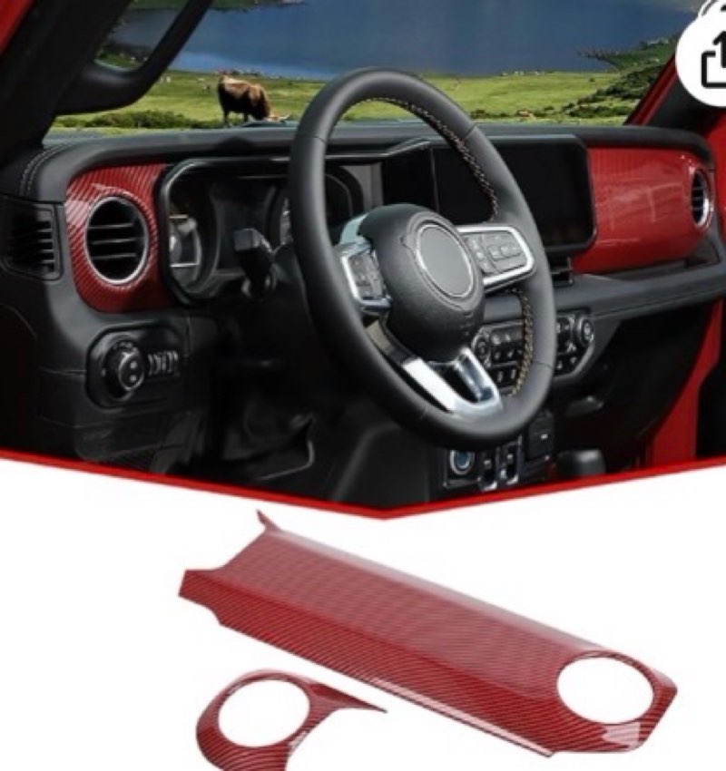 jecar dashboard panel trim cover center console decoration kit interior accessories compatible with jeep wrangler 2024 jl jlu & gladiator jt truck, red carbon fiber finish