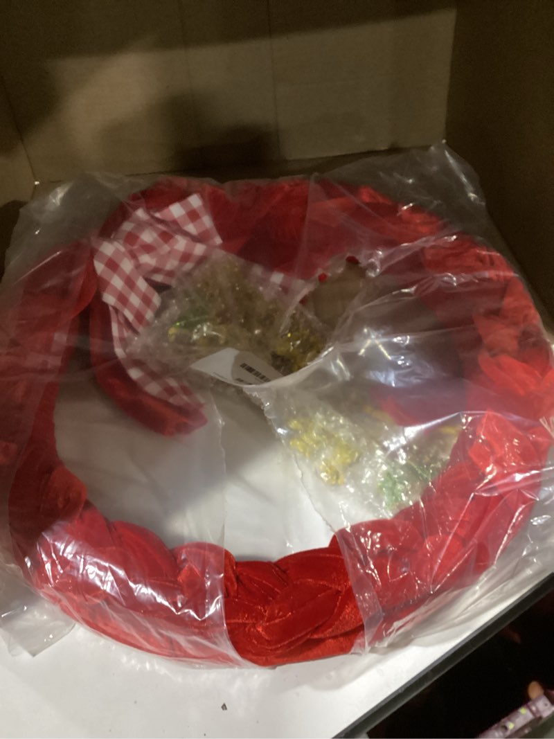 Condition photo showing Good Condition for Dingion 20 Inch Christmas Velvet Wreath Christmas Wreaths for Front Door Xmas Wreath Ornament with Bow and Merry Christmas Hanging Sign for Christmas Party Fireplaces Porch Wall Decorations(Red)