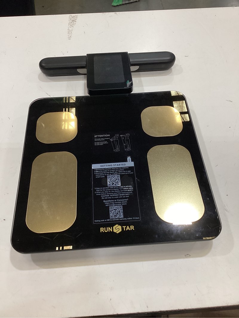 Condition photo showing As Is for runstar 8-electrode scale for body weight, accurate body composition scale with bmi body fat muscle mass 28 metrics, rechargeable body analyzer with large colorful screen handle, 400lb, blackgold