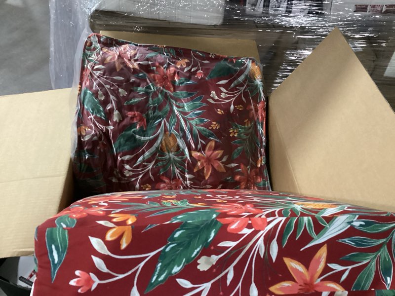 Condition photo showing Good Condition for (only 1) arden earthfiber outdoor deep seat cushion set (2-pack), 24 in x 24 in, weather-proof, rain-proof, fade resistant patio cushion for chair, sofa, and couch luau red tropical floral polyfill luau red tropical floral 2 pack