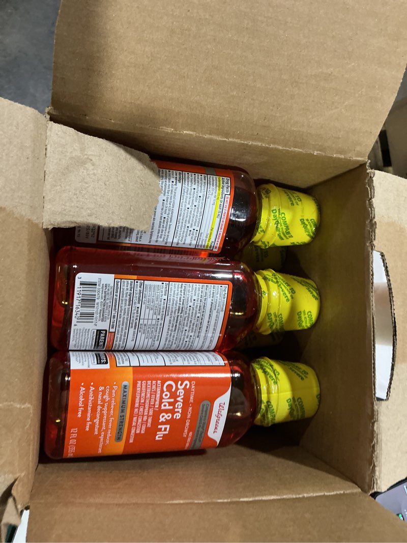 Condition photo showing As Is for (dated 2025)walgreens severe daytime cold & flu relief, maximum strength liquid cold medicine, 12 fl oz pack of 12