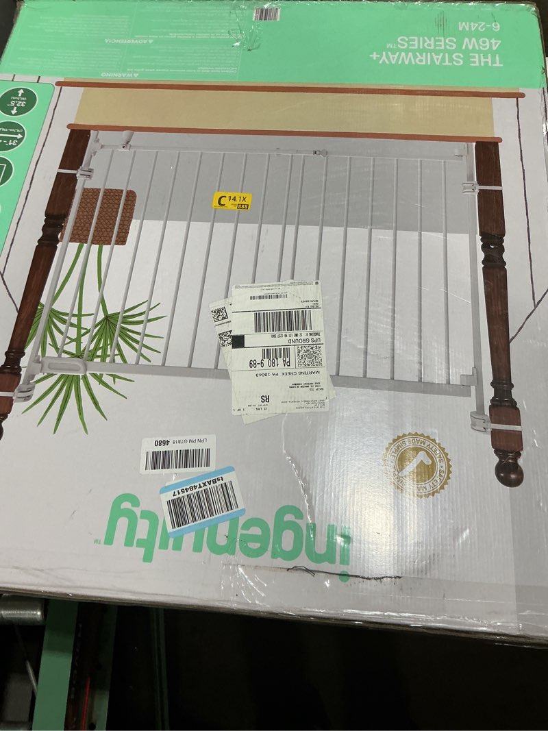 Condition photo showing Good Condition for ingenuity the stairway+ 46w series, 32"-48" wide, 32.5" tall, baby gate for stairs, dog gate indoor with door for banister to banister installation - white metal