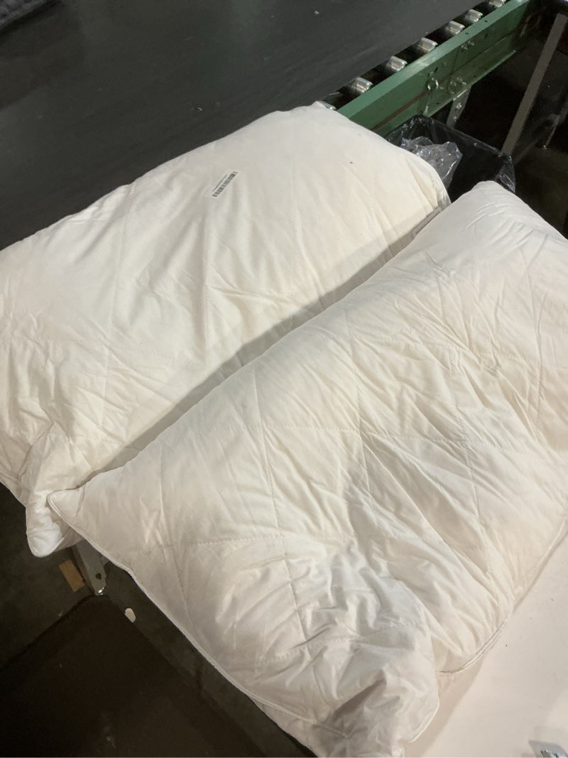 Condition photo showing As Is for three geese white goose feather cotton pillows queen size set of 2 - soft 600 thread count organic cotton cover, soft goose feather down pillows for side and back sleepers, 20x28inches white 20x28"in(pack of 2)