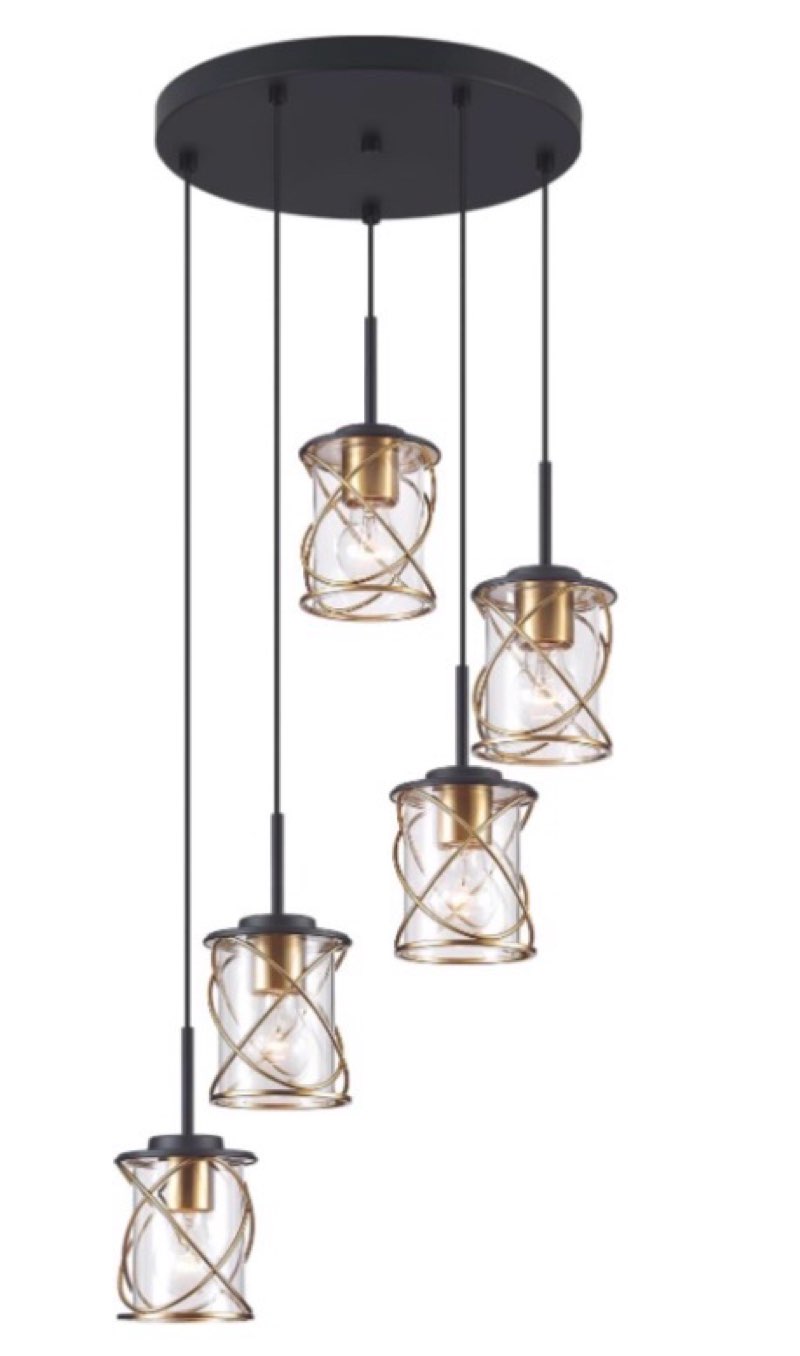 Kitchen Island Light, 5 Light Cluster Pendant Lights Stairwell Lighting Chandelier for Dining Room, Modern Linear Pendant Light for Kitchen Island Living Room with Adjustable Rods, Matte Black Gold