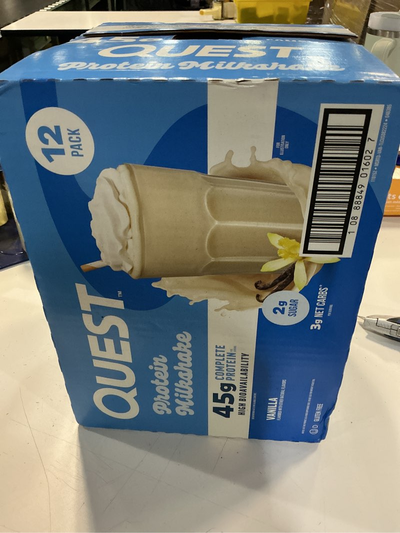 Condition photo showing New/Like New for best by date 4/18/2026 quest nutrition protein milkshake, vanilla, 45g protein, 2g sugar, high protein, low sugar, gluten free, 1 count