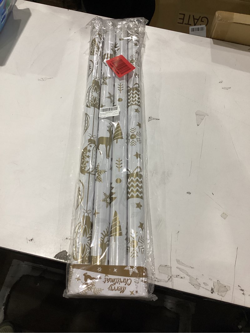 Condition photo showing New/Like New for KIMOBER 4 Rolls Christmas Wrapping Paper with Cut Lines on Reverse,Coated Paper with Golden Christmas Elements(30in × 144in Per Roll) Matt Gold Roll