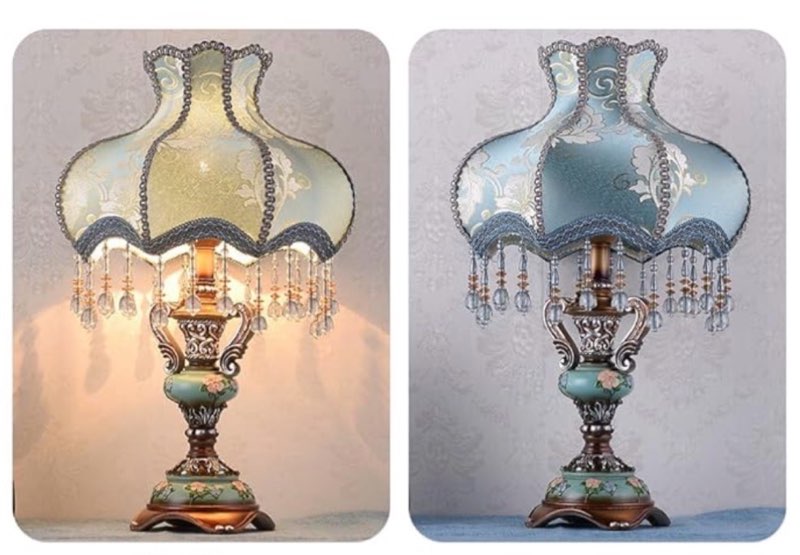  Lovely Table Lamp with Fabric Lampshade, Antique Flower Decorative Bedside Desk Lamp, Crystal Night Light for Bedroom Nightstand, Blue Finish