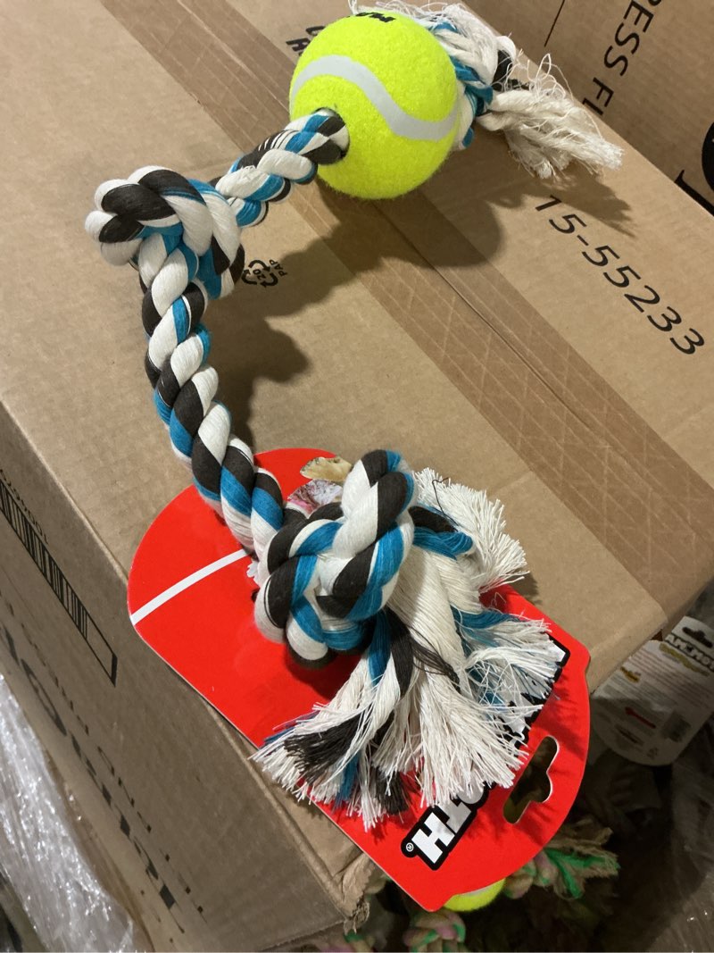 Condition photo showing New/Like New for Mammoth Flossy Chews Color 3 Knot Tug w/Standard Tennis Ball – Premium Cotton-Poly Tug Toy for Dogs, Interactive Rope Dog Toy for Medium Dogs - 20” , Multi color