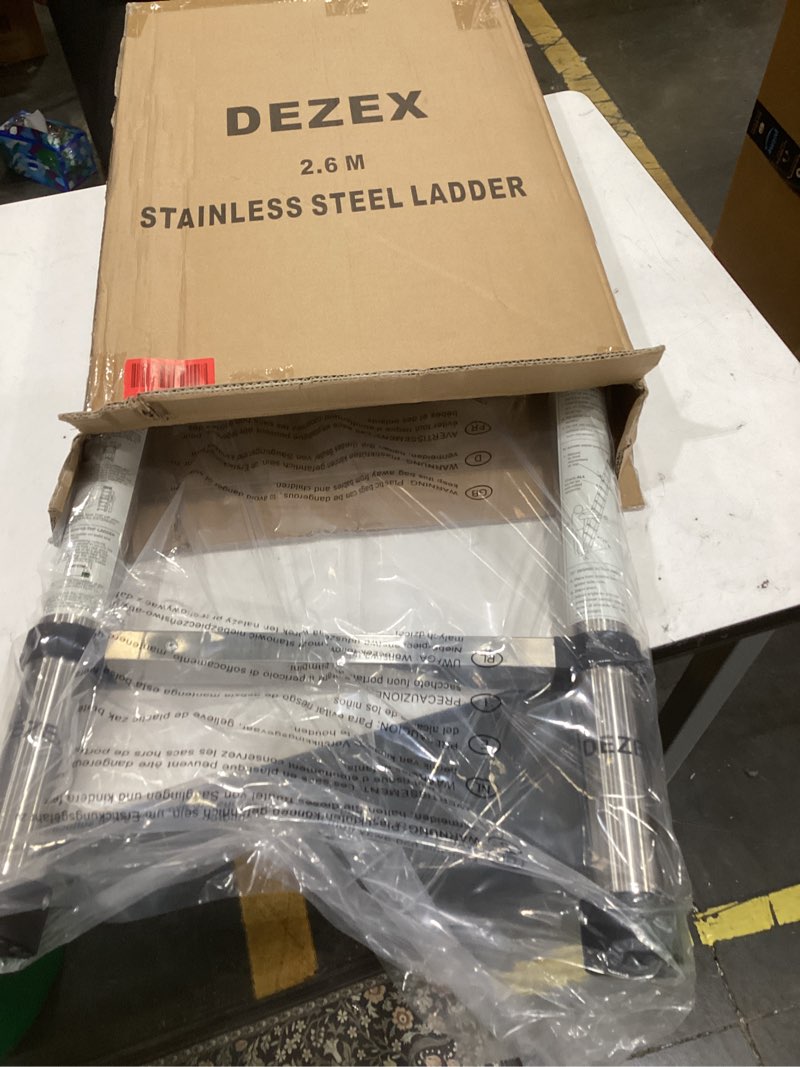 Condition photo showing New/Like New for dezex telescoping ladders 8.5 ft stainless steel ladder - one-button retraction telescopic ladder for home, rv, attic, loft, extension ladders with 2 triangle stabilizers, lasts 330 lbs silver 8.5 ft