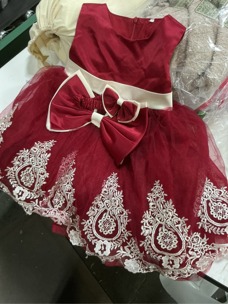 Condition photo showing As Is for CMMCHAAH 0-6T Baby Girls Pageant Lace Embroidery Dresses Toddler Party Bowknot Tutu Gown Dress with Headwear 3-4T Burgundy