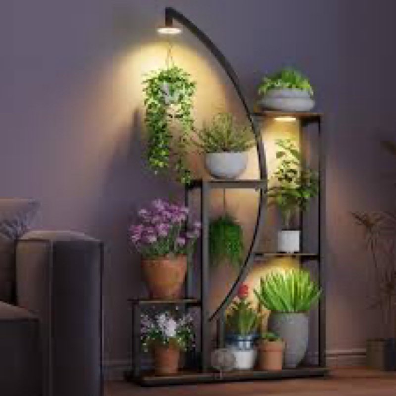 61” Tall Metal Plant Stand with Grow Lights, Tiered Indoor Shelf for Multiple Plants, Large Corner D