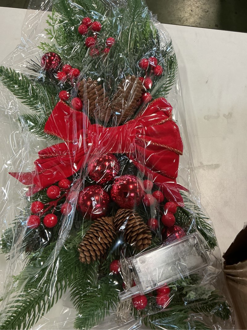 Condition photo showing New/Like New for 7Pack Christmas Swag, 24 inch Christmas Wreaths Garlands with Lights, 2024 The Cordless Prelit Stairway Swag Christmas Staircase Wreath Teardrop Swags for Decorating Front Door Outdoor Home Decor