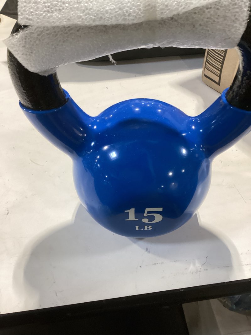 Condition photo showing As Is for blue vinyl kettlebell 15 pounds