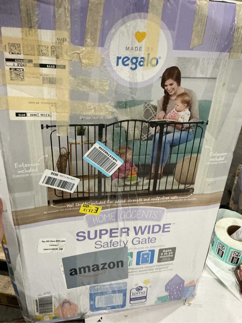 Condition photo showing As Is for regalo safety 30.5-58" extra wide arch baby gate with door, pressure mount walk through gate for doorways & bottom of stairs, babies, toddlers & pets, tested & safe, american designed, american owned black - 30.5-58"w x 30"h