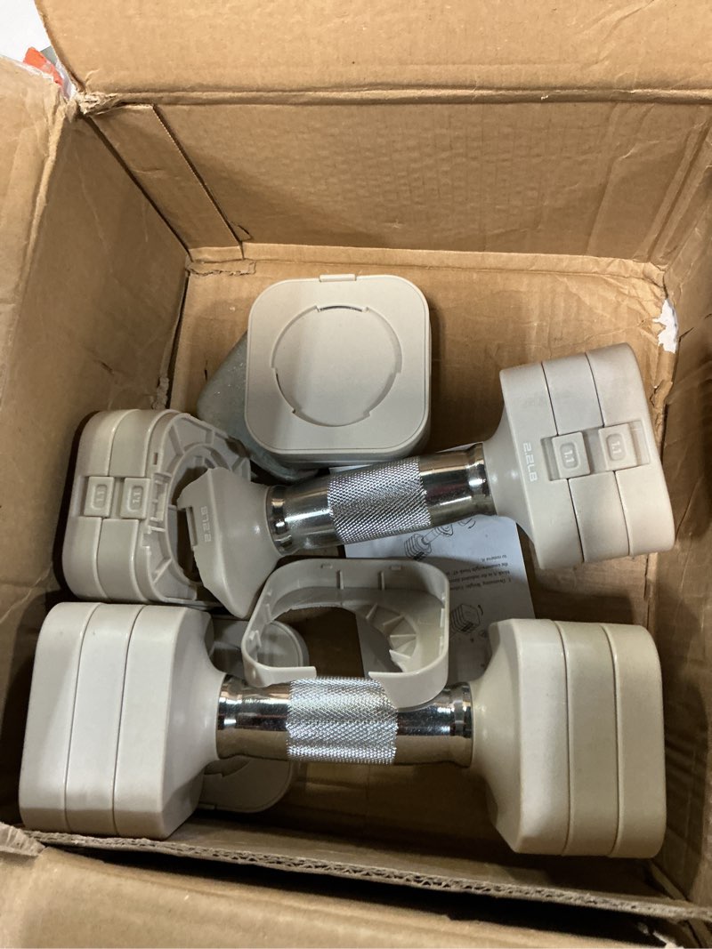 Condition photo showing As Is for 22LBS Adjustable Dumbbells Set, Hand Weights Sets with 5 Levels 3lb, 5lb, 7lb, 9lb, 11lb, Adjustable Weight Dumbbells for Women/Men Home Gym Full Body Workout Light Brown