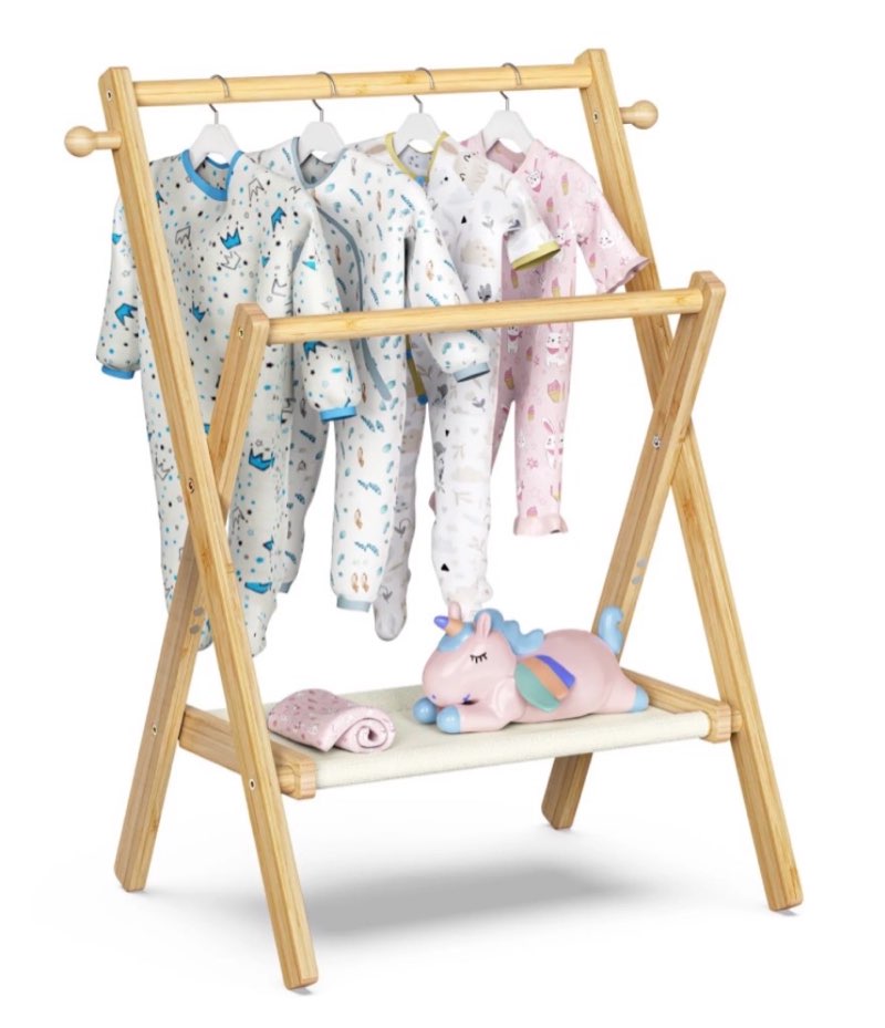 BAMBOOHOMIE Baby Clothes Rack, Small Bamboo Clothing Rack for Toddler Pets with Storage Shelf & 2 Rods, Foldable Mini Kids Garment Rack for Hanging Clothes, Natural