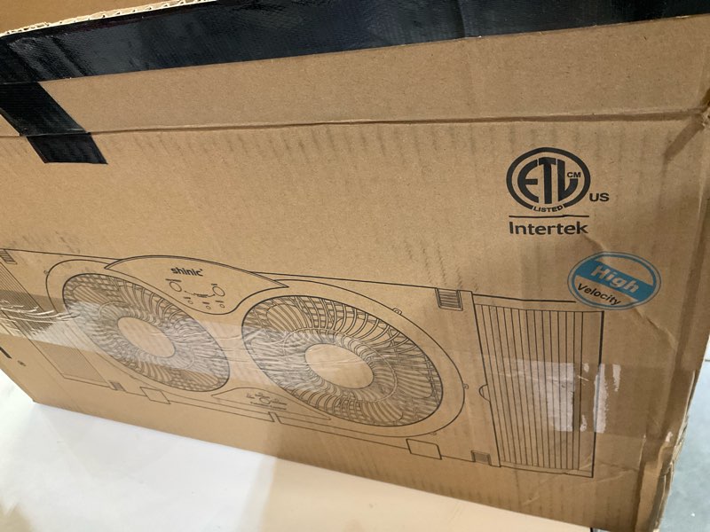 Condition photo showing As Is for shinic twin window fan with 9-inch blades reversible airflow, 3 speeds, thermostat control, fits 23.8"-37" windows, window exchaust fans for home bedroom, etl certified