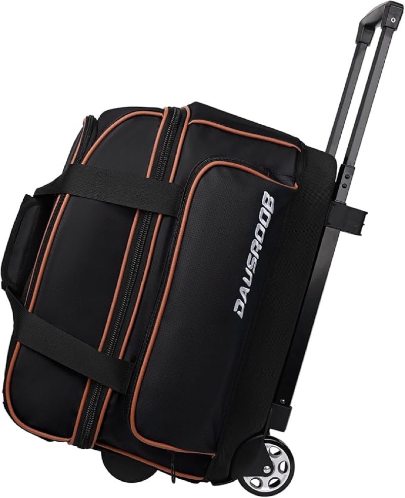 2 Ball Bowling Bag with Wheel,900D Oxford Waterproof PU,Dual Roller Bowling Bag with Sturdy Frame,Large Shoe Compartment Fits Up to Men’s 16,Rolling Bowling Tote, Handle Extends to 39.5"